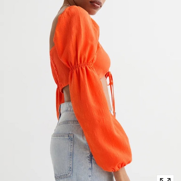 H&M Balloon-Sleeved Cropped Blouse Top Orange Size M Rave Festival Tie Front - Picture 5 of 12
